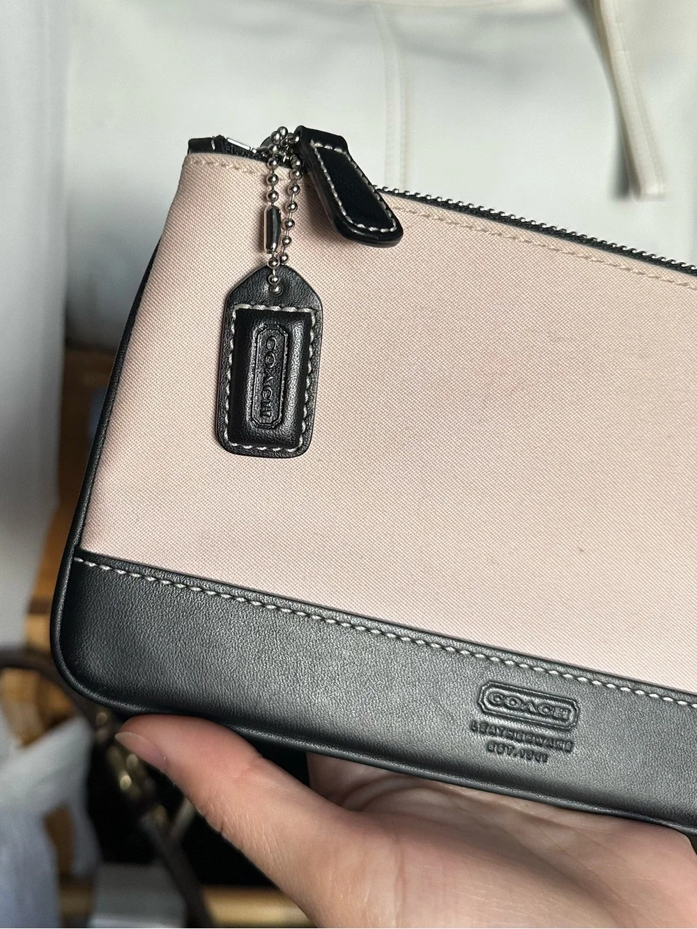 Coach Canvas and Black Leather-Trim Wristlet Pouch